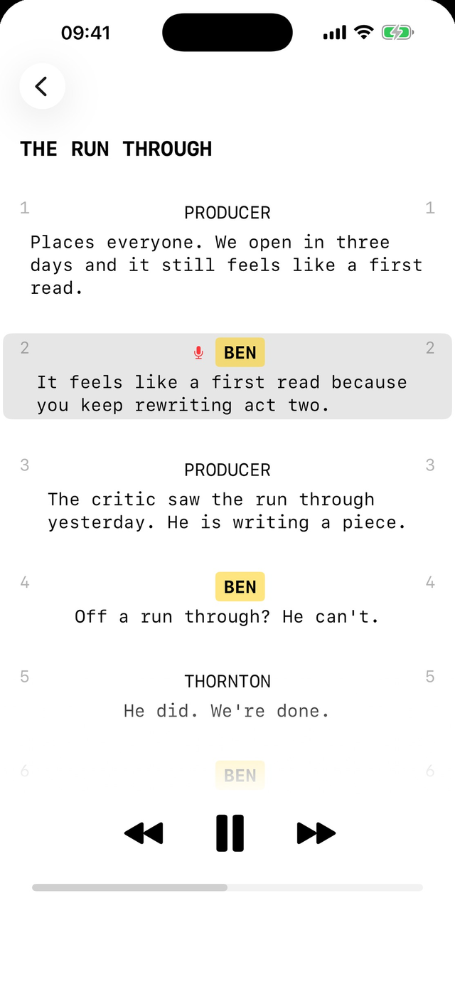 A scene running in Scriptmate, the reader waiting on the actor's cue