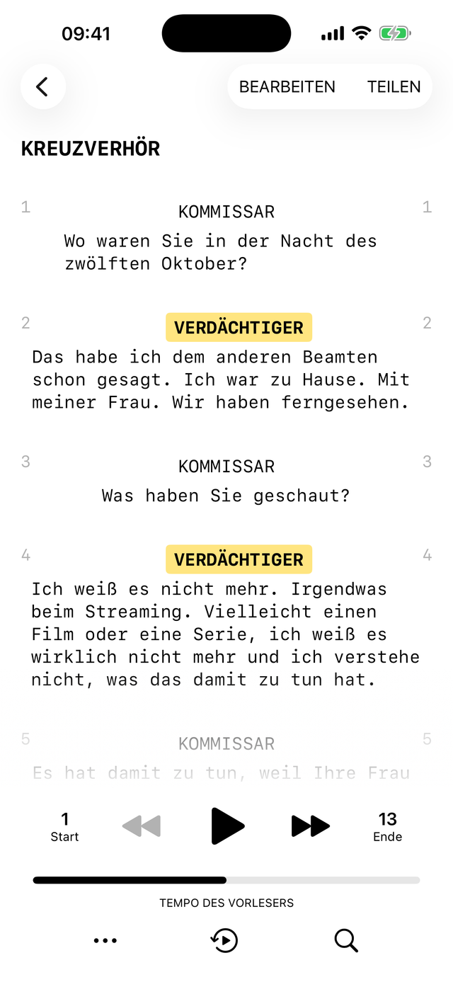 Eine laufende Szene in Scriptmate, die App wartet auf das Stichwort