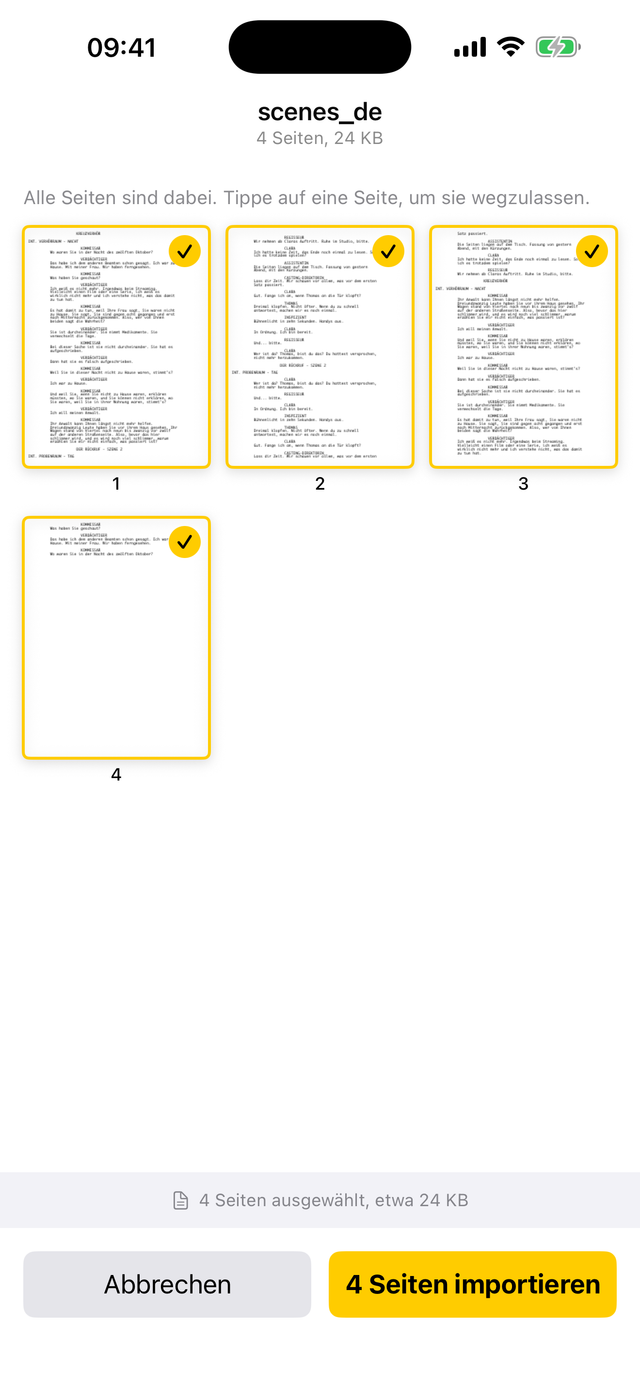 Import eines PDF-Drehbuchs, die erkannten Seiten bereit zur Bestätigung