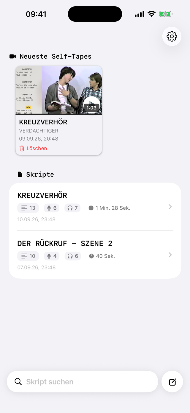 Szenenliste in Scriptmate, ein Skript aufgeteilt in probierbare Szenen