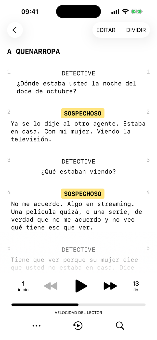 Una escena en marcha en Scriptmate, la app esperando el pie del actor