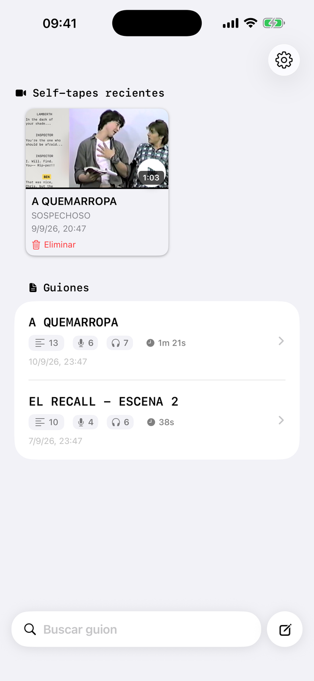 Lista de escenas de Scriptmate, un guion dividido en escenas para ensayar