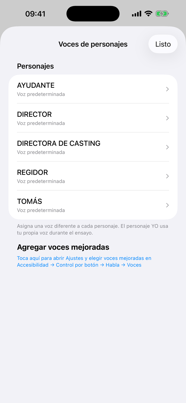 Selector de voces, una voz distinta asignada a cada personaje
