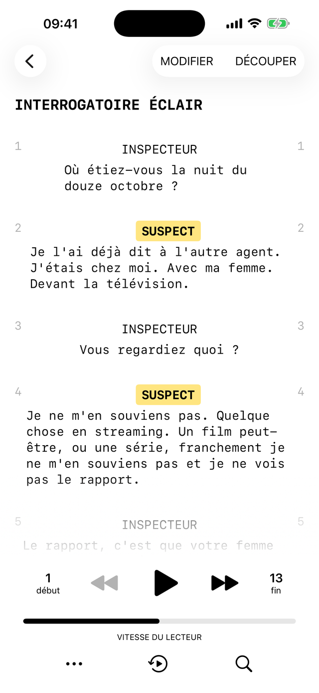 Une scène en cours dans Scriptmate, l'app attend la fin de la réplique