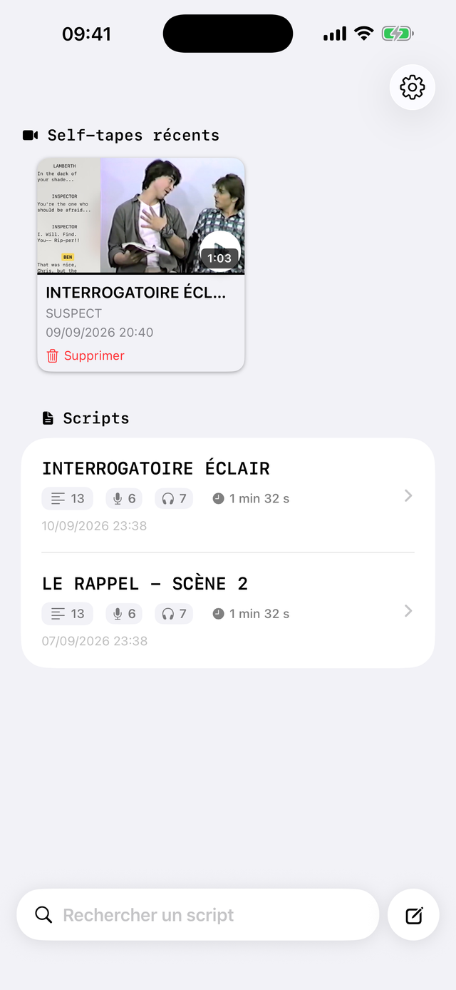 Liste des scènes dans Scriptmate, un scénario découpé en scènes à répéter