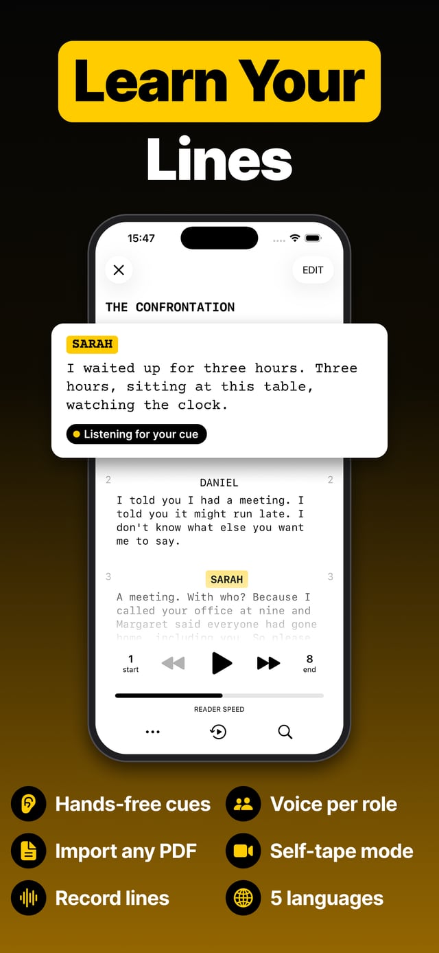 Learn your lines: a scene running in Scriptmate, the reader listening for the actor's cue